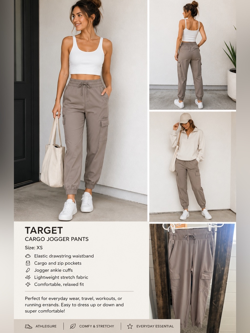 Target Taupe Cargo Jogger Pants Athleisure Utility Elastic Waist Zip Pocket XS
